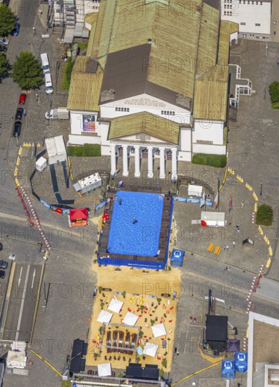Aerial view, swimming pool in front of the municipal theatre, sandy area for gastronomy, old town, Duisburg, Ruhr area, North Rhine-Westphalia, Germany