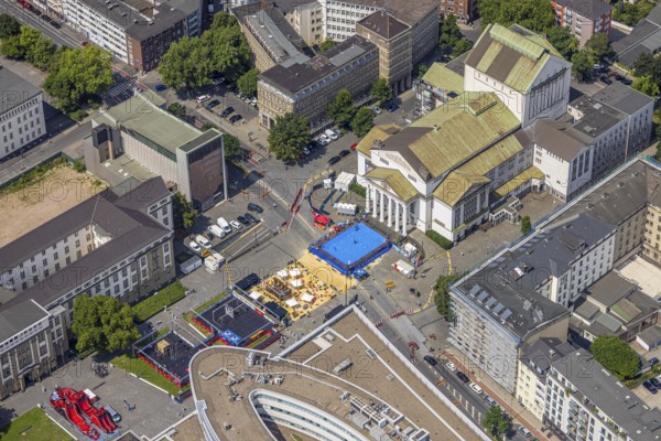 Aerial view, swimming pool in front of the municipal theatre, sandy area for gastronomy, old town, Duisburg, Ruhr area, North Rhine-Westphalia, Germany