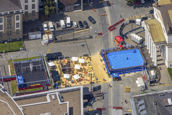 Aerial view, swimming pool in front of the municipal theatre, sandy area for gastronomy, old town, Duisburg, Ruhr area, North Rhine-Westphalia, Germany