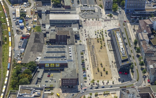 Aerial view, central station, Portsmouthplatz station forecourt, Dellviertel, Duisburg, Ruhr area, North Rhine-Westphalia, Germany