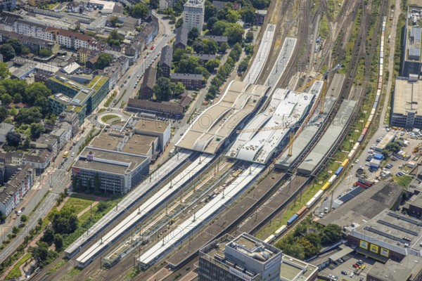 Aerial view, construction site of the main railway station, area between the new track hall and Portsmouthplatz, Dellviertel, Duisburg, Ruhr area, North Rhine-Westphalia, Germany