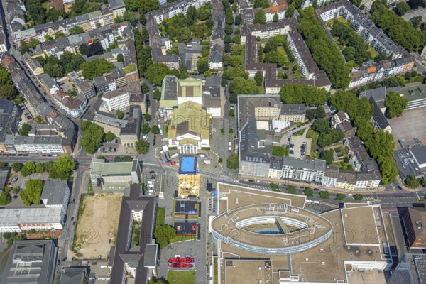 Aerial view, swimming pool in front of the municipal theatre, sandy area for gastronomy, City Palais, Altstadt, Duisburg, Ruhr area, North Rhine-Westphalia, Germany
