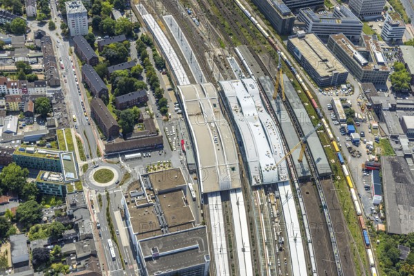 Aerial view, construction site of the main railway station, area between the new track hall and Portsmouthplatz, Dellviertel, Duisburg, Ruhr area, North Rhine-Westphalia, Germany