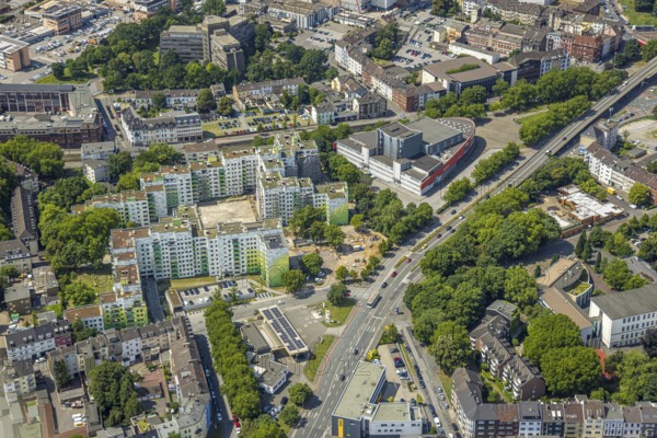 Aerial view, theatre at Marientor and high-rise housing estate Heerstraße City Wohnpark, Dellviertel, Duisburg, Ruhr area, North Rhine-Westphalia, Germany