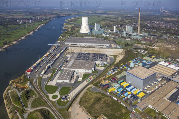 Aerial view, Duisburg-Nord, duisport logport VI Walsum, logport 6, STEAG Walsum power plant on the Rhine, Alt-Walsum, Duisburg, Ruhr area, North Rhine-Westphalia, Germany