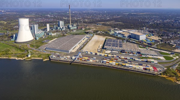 Aerial view, Duisburg-Nord, duisport logport VI Walsum, logport 6, STEAG Walsum power station on the Rhine, Duisburg, Ruhr area, North Rhine-Westphalia, Germany