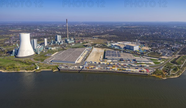 Aerial view, Duisburg-Nord, duisport logport VI Walsum, logport 6, STEAG Walsum power station on the Rhine, Duisburg, Ruhr area, North Rhine-Westphalia, Germany