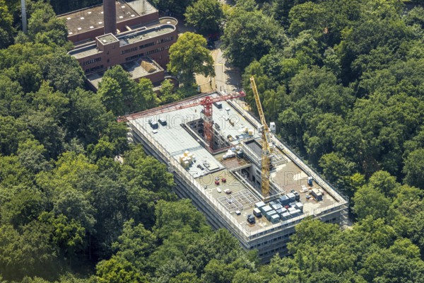 Aerial view, University of Duisburg-Essen (UDE) construction site with replacement new building of the university building LE, facades scaffolding, Carl-Benz-Straße, Neudorf-Nord, Duisburg, Ruhr area, North Rhine-Westphalia, Germany