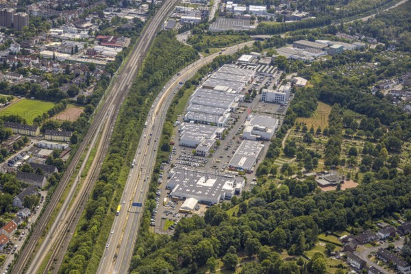 Aerial view, Keniastrasse industrial estate, A59 motorway with Großenbaum junction, railway tracks, Buchholz, Duisburg, Ruhr area, North Rhine-Westphalia, Germany