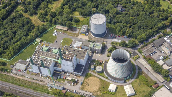 Aerial view, cogeneration plant HKW III Stadtwerke Duisburg, district heating storage and cooling tower, Wanheim-Angerhausen, Duisburg, Ruhr area, North Rhine-Westphalia, Germany