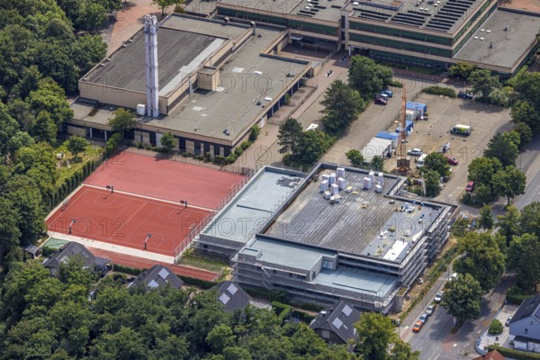 Aerial view, construction site for the new south swimming pool at the Großenbaum sports complex, football stadium, sports field, Großenbaum, Duisburg, Ruhr area, North Rhine-Westphalia, Germany