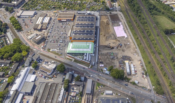 Aerial view, construction site with new Mitte-Süd comprehensive school, Gießingstraße corner Düsseldorfer Straße, former Didier-Werke site, Wanheimerort, Duisburg, Ruhr area, North Rhine-Westphalia, Germany