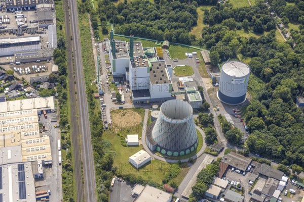 Aerial view, cogeneration plant HKW III Stadtwerke Duisburg, district heating storage and cooling tower, Wanheim-Angerhausen, Duisburg, Ruhr area, North Rhine-Westphalia, Germany