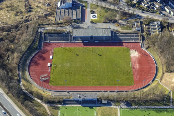 Aerial view, Erich-Berlet-Stadion, formerly Kirchenbergstadion, football stadium and athletics stadium with adjacent pitch, on the A46 motorway, Hohenlimburg, Hagen, Ruhr area, North Rhine-Westphalia, Germany
