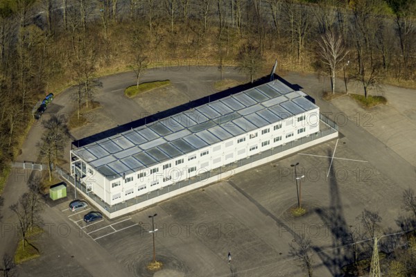 Aerial photo, refugee accommodation container village Kirchenberg at Erich-Berlet-Stadion, Hohenlimburg, Hagen, Ruhr area, North Rhine-Westphalia, Germany