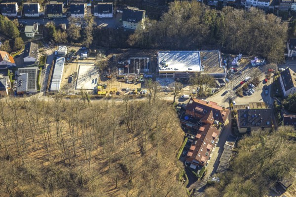 Aerial view, construction site at the all-year swimming pool Henkhausen, Hasselbach, Hohenlimburg, Hagen, Ruhr area, North Rhine-Westphalia, Germany