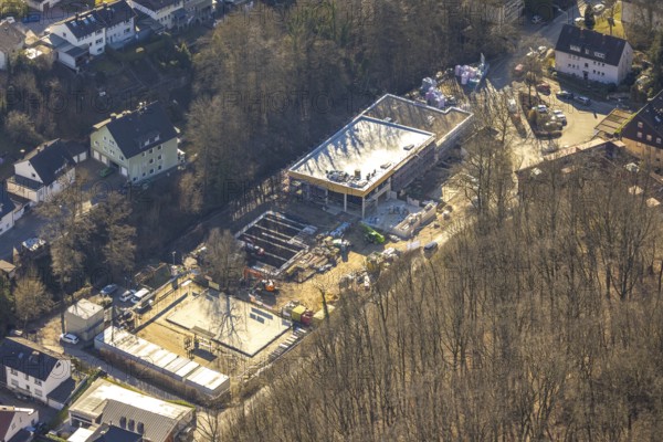 Aerial view, construction site at the all-year swimming pool Henkhausen, Hasselbach, Hohenlimburg, Hagen, Ruhr area, North Rhine-Westphalia, Germany