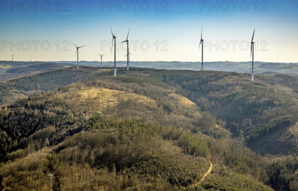 Aerial view, Schlossberg Hohenlimburg, forest area with forest damage and wind turbines, Hohenlimburg, Hagen, Ruhr area, North Rhine-Westphalia, Germany