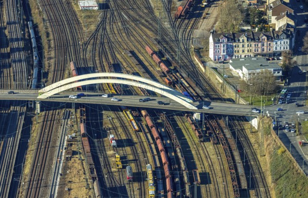 Aerial view, bridge Fuhrparkstraße over the railway tracks at the main station, goods trains, Altenhagen, Hagen, Ruhr area, North Rhine-Westphalia, Germany