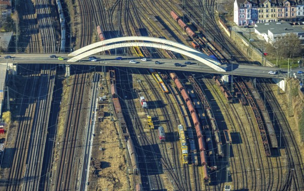 Aerial view, bridge Fuhrparkstraße over the railway tracks at the main station, goods trains, Altenhagen, Hagen, Ruhr area, North Rhine-Westphalia, Germany
