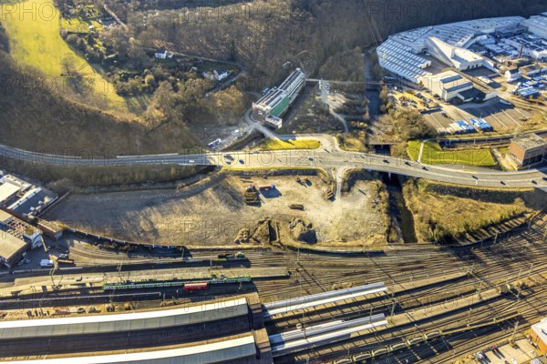 Aerial view, railway station rear passage and old Hagen screw factory renovation, medium-sized town, Hagen, Ruhr area, North Rhine-Westphalia, Germany