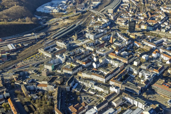 Aerial view, central station and city centre, medium-sized town, Hagen, Ruhr area, North Rhine-Westphalia, Germany