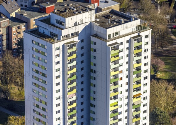 Aerial view, high-rise housing estate Pappelstraße with coloured balconies, shapes and colours, Boele, Hagen, Ruhr area, North Rhine-Westphalia, Germany