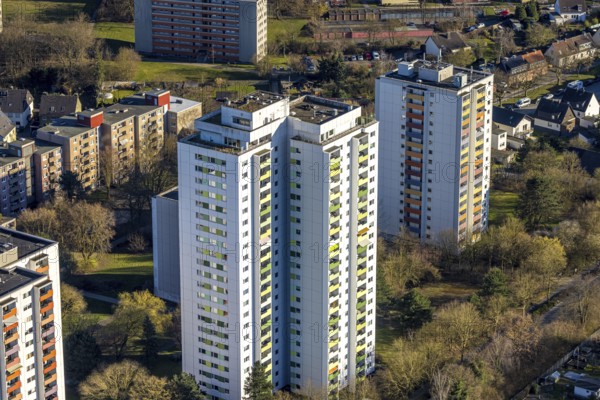Aerial view, high-rise housing estate Pappelstraße with coloured balconies, shapes and colours, Boele, Hagen, Ruhr area, North Rhine-Westphalia, Germany