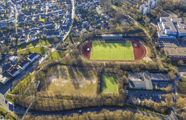 Aerial view, sports facility sports field SV Boele-Kabel 1882 e.V., football stadium, day care centre Am Bügel, Boele, Hagen, Ruhr area, North Rhine-Westphalia, Germany