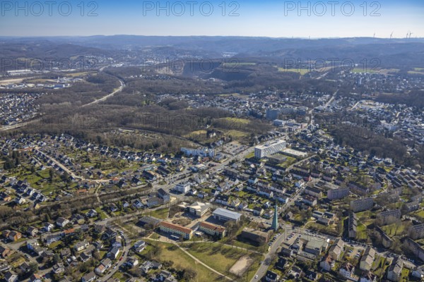 Aerial view, Halden secondary school and KEO school, Matthäuskirche Evangelical Lutheran church, South Westphalia University of Applied Sciences, behind FOM University of Applied Sciences Hagen University Centre and DRK-Kreisverband Hagen e.V., Roggenkamp high-rise housing estate, university district, Hagen, Ruhr area, North Rhine-Westphalia, Germany