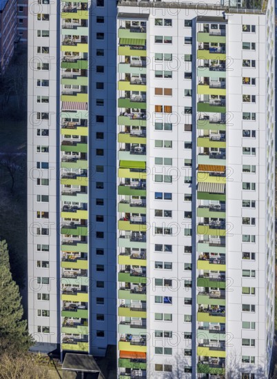 Aerial view, high-rise housing estate Pappelstraße with coloured balconies, shapes and colours, Boele, Hagen, Ruhr area, North Rhine-Westphalia, Germany