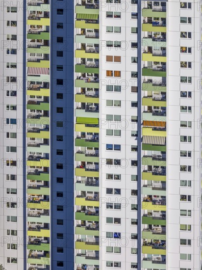 Aerial view, high-rise housing estate Pappelstraße with coloured balconies, shapes and colours, Boele, Hagen, Ruhr area, North Rhine-Westphalia, Germany
