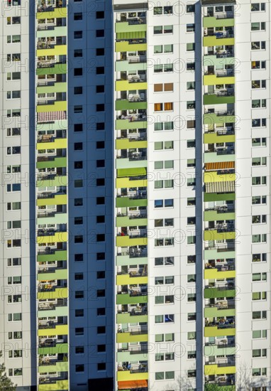 Aerial view, high-rise housing estate Pappelstraße with coloured balconies, shapes and colours, Boele, Hagen, Ruhr area, North Rhine-Westphalia, Germany