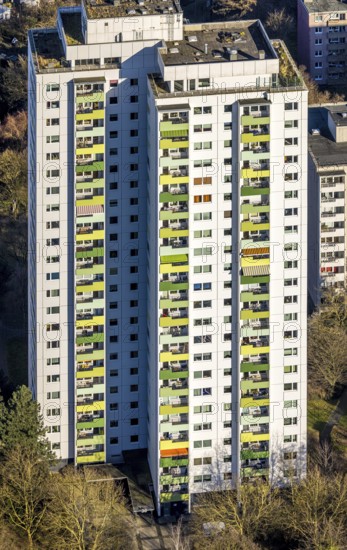 Aerial view, high-rise housing estate Pappelstraße with coloured balconies, shapes and colours, Boele, Hagen, Ruhr area, North Rhine-Westphalia, Germany