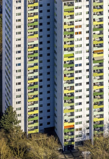Aerial view, high-rise housing estate Pappelstraße with coloured balconies, shapes and colours, Boele, Hagen, Ruhr area, North Rhine-Westphalia, Germany