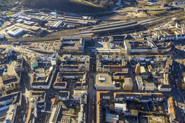 Aerial view, central station and city centre, medium-sized town, Hagen, Ruhr area, North Rhine-Westphalia, Germany
