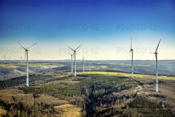 Aerial view, wind turbine park at Piepenbrink, distant view and blue sky, Hohenlimburg, Hagen, Ruhr area, North Rhine-Westphalia, Germany