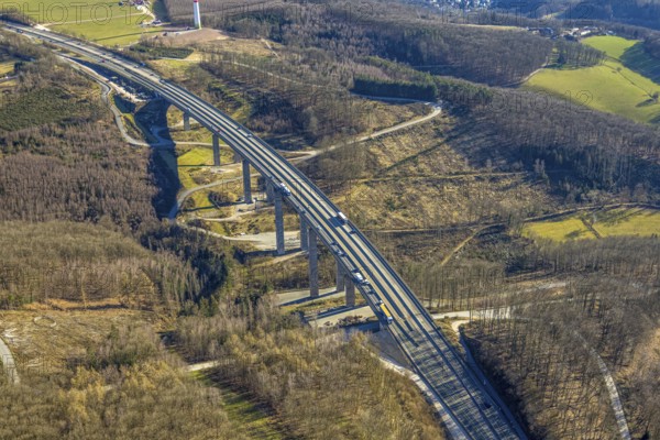 Aerial view, motorway bridge Talbrücke Brunsbecke of the A45 motorway, forest area, Eilpe, Hagen, Ruhr area, North Rhine-Westphalia, Germany