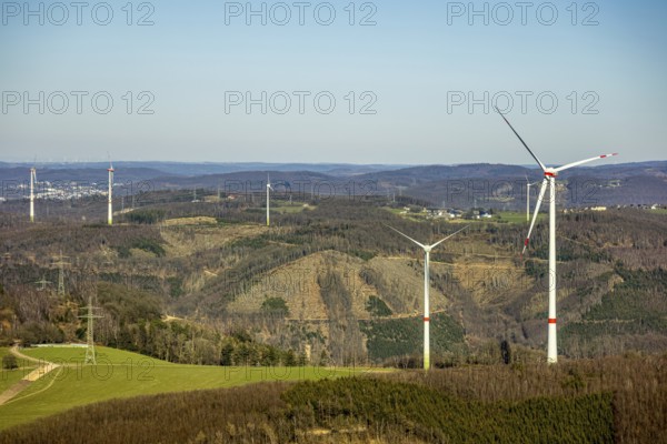 Aerial view, hilly landscape forest area with forest damage and wind turbines in Dahl, Hagen, Ruhr area, North Rhine-Westphalia, Germany