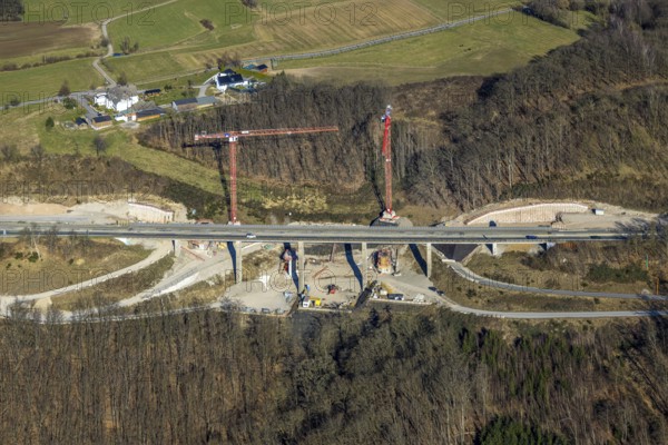 Aerial view, construction work on the motorway bridge Talbrücke Kattenohl of the A45 motorway, Dahl, Hagen, Ruhr area, North Rhine-Westphalia, Germany