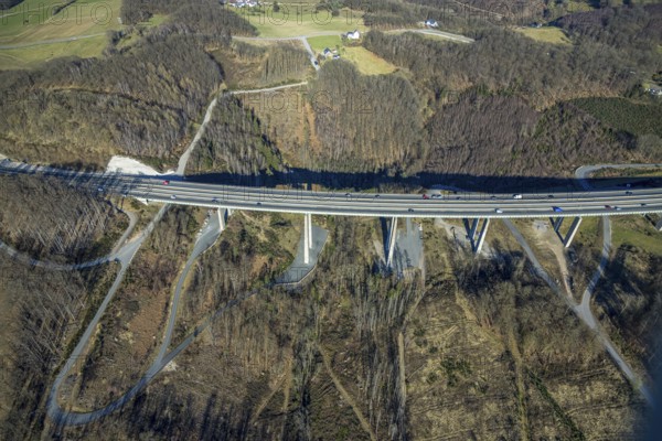 Aerial view, motorway bridge Talbrücke Brunsbecke of the A45 motorway, forest area, Eilpe, Hagen, Ruhr area, North Rhine-Westphalia, Germany