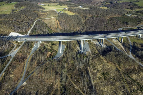 Aerial view, motorway bridge Talbrücke Brunsbecke of the A45 motorway, forest area, Eilpe, Hagen, Ruhr area, North Rhine-Westphalia, Germany