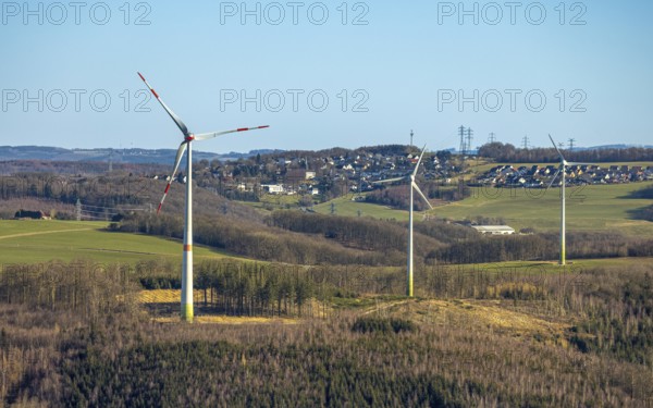 Aerial view, wind turbine park at Piepenbrink, distant view and blue sky, Hohenlimburg, Hagen, Ruhr area, North Rhine-Westphalia, Germany