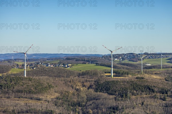 Aerial view, wind turbine park at Piepenbrink, distant view and blue sky, Hohenlimburg, Hagen, Ruhr area, North Rhine-Westphalia, Germany