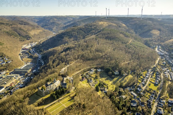 Aerial view, Hohenlimburg Castle and castle park, Schlossberg forest area and wind turbines, Hohenlimburg, Hagen, Ruhr area, North Rhine-Westphalia, Germany