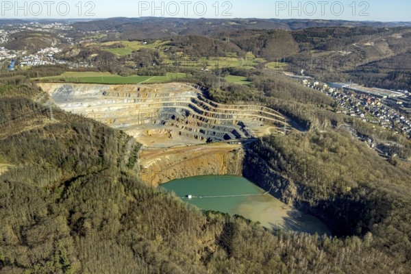 Aerial view, Steltenberg quarry with geological trail and lake, Hohenlimburg, Hagen, Ruhr area, North Rhine-Westphalia, Germany