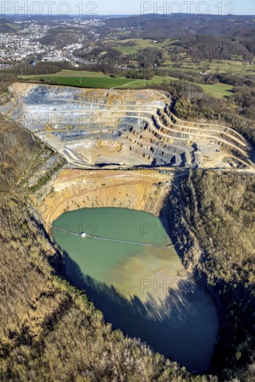 Aerial view, Steltenberg quarry with geological trail and lake, Hohenlimburg, Hagen, Ruhr area, North Rhine-Westphalia, Germany