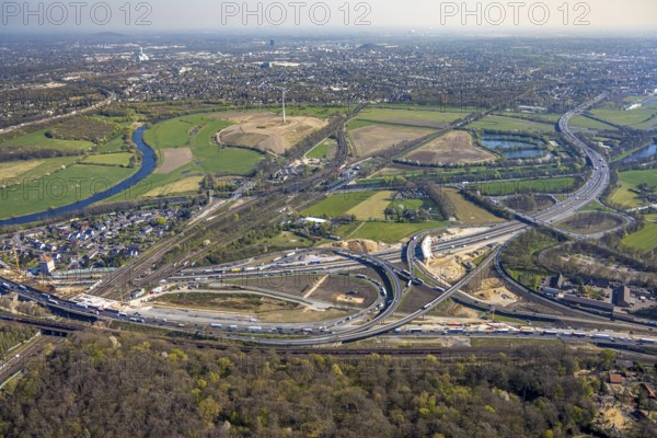 Aerial view, Kaiserberg motorway junction with A3 and A40 motorways, bridge construction and rainwater retention basin construction site, Duissern, Duisburg, Ruhr area, North Rhine-Westphalia, Germany