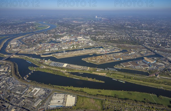 Aerial view, duisport port of Duisburg, port area, oil island, coal island, container terminal and scrap island, raw material island, Pontwert island, A59 motorway and view of Duisburg, Ruhrort, view of Duisburg, Ruhr area, North Rhine-Westphalia, Germany