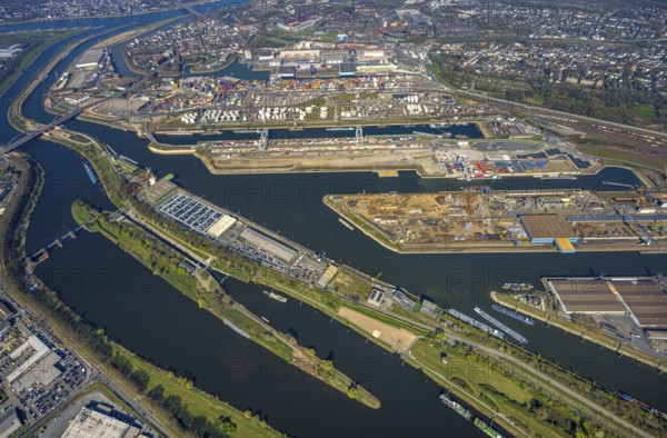 Aerial view, duisport Port of Duisburg, port area, oil island, coal island, container terminal and scrap island, raw material island, Pontwert Island, A59 motorway, Ruhrort, view of Duisburg, Ruhr area, North Rhine-Westphalia, Germany